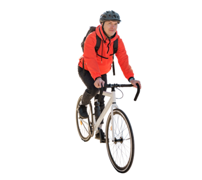 Stylish convenient eco transport in the city. A happy confident person rides a bike. A male cyclist in a helmet rides a bicycle to work.