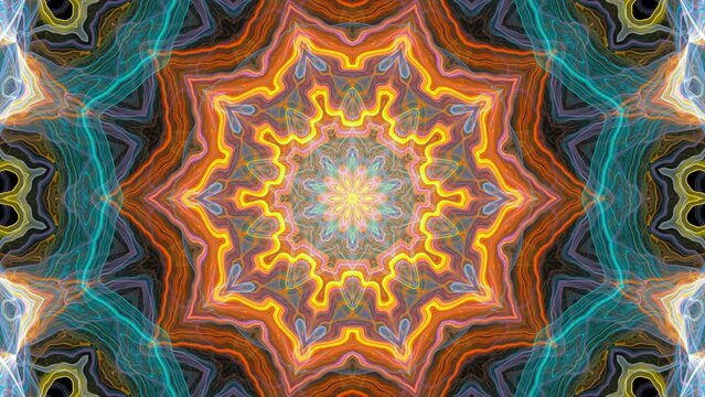 Kaleidoscopic symmetrical patterns motion and circumvolution. Vivid glowing mandala changing colors, shapes, deformating. Surreal fantastic background with oriental ornament. 4K UHD 4096x2304
