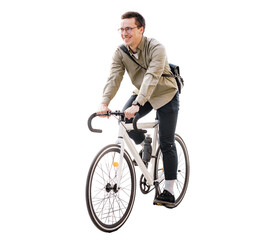 A male cyclist rides a bicycle to the office. Stylish eco transport in the city. A happy man rides a bike. - obrazy, fototapety, plakaty