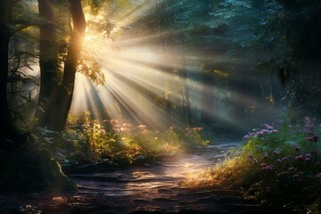 A ray of light shining through the enchanted forest. Generative AI