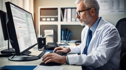 Doctor looking at patient health data records on a computer. Generative AI