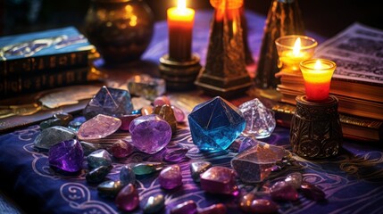 magic crystals and divination cards, books. - obrazy, fototapety, plakaty