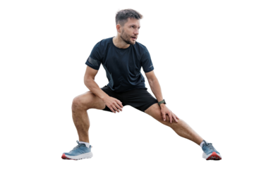 A trainer performing fitness exercises.   Athletic man workout warm-up. Runner healthy lifestyle, sportswear.