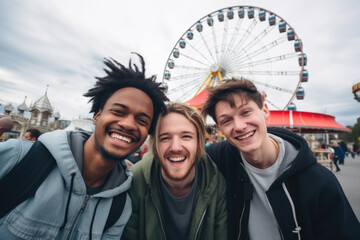 Happy young friends having fun in amusement park Prater in Vienna