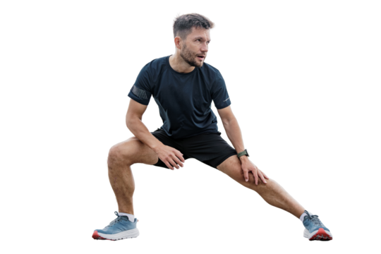 A trainer performing fitness exercises.   Athletic man workout warm-up. Runner healthy lifestyle, sportswear. - Powered by Adobe