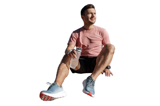 Rest break runner healthy lifestyle, sportswear and sneakers. A trainer performing fitness exercises.   Athletic man training jogging full-length.