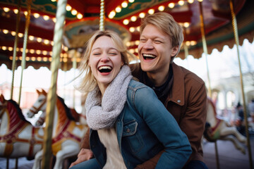 Happy young couple having fun in amusement park Prater in Vienna