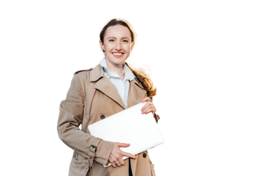 The manager is a woman in a shirt using a laptop. Office employee secretary. The personality of a business woman in a trench coat.