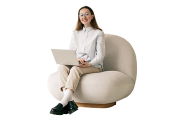 A woman uses a laptop, a stylish designer sits in an armchair. An office employee in glasses and modern clothes.