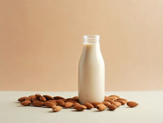 Almond milk in bottle on beige background healthy plant based drink concept
