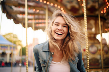  Smiling young woman having fun in amusement park Prater in Vienna - obrazy, fototapety, plakaty