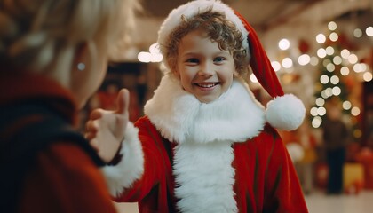 Fototapeta na wymiar Thrilled boy meeting his favorite Christmas cartoon character, holiday character encounter, joyful fan moment