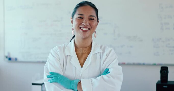 Smile, arms crossed and a woman science professor in a classroom for education, research or innovation. Portrait, confident and a university or college teacher in class for learning and development