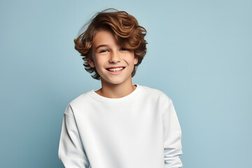 Young boy in white mockup sweater standing in light blue studio background 