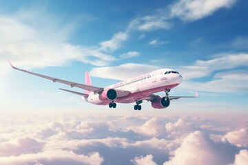 An airplane soaring through the sky surrounded by a blue sky and pink clouds. Generative AI