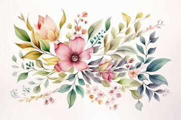 Watercolor and colored pencil floral garland drawing on white background. Generative AI - obrazy, fototapety, plakaty