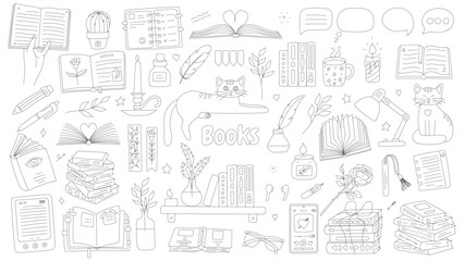 Set of books for reading lovers. Hand drawn open books, pile, stack, glasses, audiobook, ebook, books on shelf, cup of tea, cats. Black and white doodle vector illustration isolated on white.