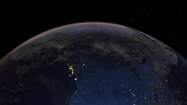Realistic Earth Night From Space Flying Over Africa Continent