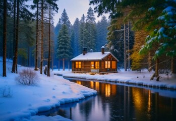 A house on the river, in the middle of a snowy forest, solitary cottage in the woods, winter, AI generated