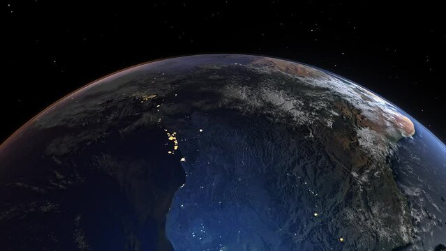 Realistic Earth Sunrise From Space Flying Over Continent Africa