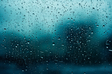 Obraz premium Close up image of an icy blue wet glass window, water drops, the rain on the window glass.