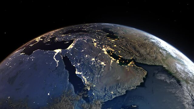 Realistic Earth Sunrise From Space Flying Over Middle East and Arabian Peninsula