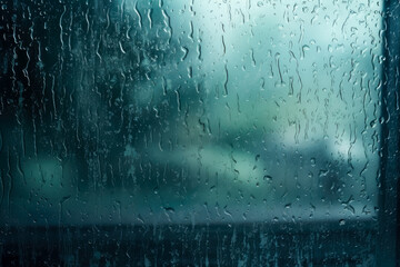 Close up image of an icy blue wet glass window, water drops, the rain on the window glass.