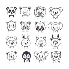 Animals. Doodle illustration of bear, wolf, fox, deer, raccoon, hare, panda, fox, lion, koala, owl, hippo, mouse for cards, magazins, banners. Vector illustration 