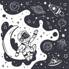 Cute cartoon astronaut sitting on the moon.
Illustration of the moon and stars, UFO and planets. Space elements for your design. Vector