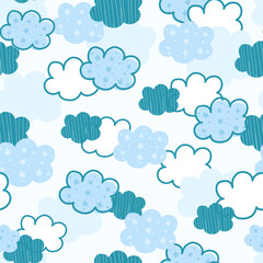 Seamless pattern with clouds. Blue sky background.  illustration for kids fabric or backdrop. Vector