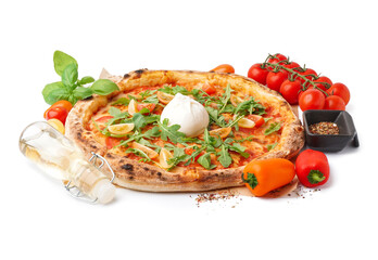 Tasty pizza with Burrata cheese and ingredients on white background