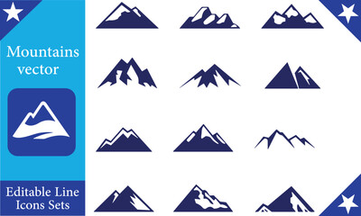mountain, vector, icon, silhouette, logo, illustration, snow, peak, map, alps, top, ridge, shape, camp, altitude, web, element, alpine, wilderness, isolated, set, ice, climbing, rock, nature, abstract
