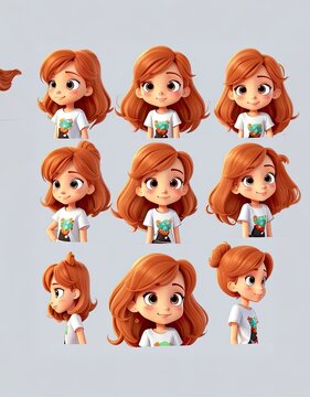 Cute cartoon girl with different hairstyles and facial expressions. Vector illustration.