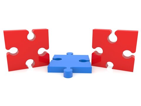 Blue puzzle piece in the middle between two red puzzle pieces on white