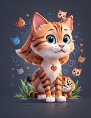 Cute cat with kittens and butterflies in the background. Vector illustration.