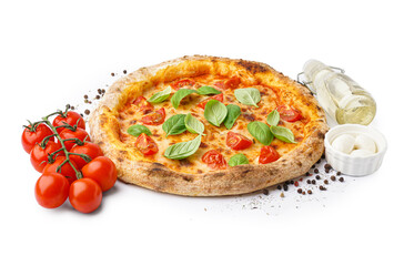Tasty pizza Margarita with tomatoes, basil and bowl of mozzarella on white background