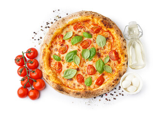 Tasty pizza Margarita with tomatoes, basil and bowl of mozzarella on white background