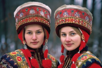 shot of two women wearing traditional russian hats