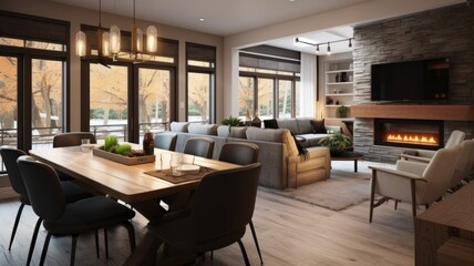 Interior design inspiration of Transitional Contemporary style home dining room loveliness decorated with Stone and Leather material and Fireplace .Generative AI home interior design .