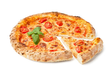 Tasty pizza Margarita with tomatoes and basil on white background