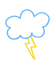 Cloud and lightning strike hand painted with brush. Doodle cloud and thunder bolt icon. Png clipart isolated on transparent background