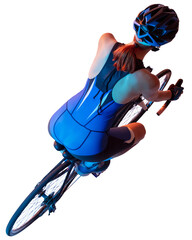 Young female cyclist riding a bicycle isolated on transparent background. Neon lights effect....