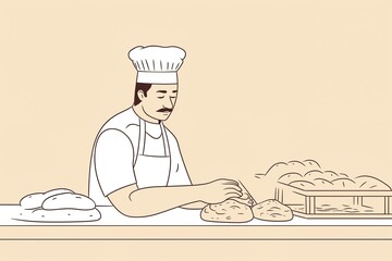 flat illustration line art minimal a baker prepares the morning breads