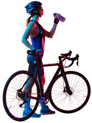 Young female cyclist in uniform standing bicycle, drinking water isolated on transparent background. Neon lights effect. Concept of healthy lifestyle, sport, action, motion, hobby, health