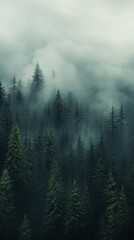 A dense fog enveloping a mystical forest filled with towering trees