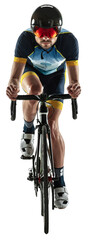 Professional male cyclist in sports uniform, goggles and helmet on transparent background....