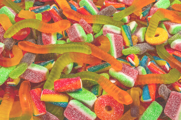 Assorted gummy candies. Top view. Jelly  sweets background.