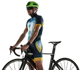 Male cyclist in uniform, helmet and goggles standing with bicycle isolated on transparent background. Professional sport. Concept of healthy lifestyle, sport, action, motion, hobby, health