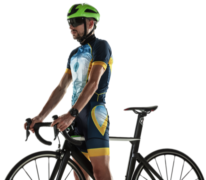 Male cyclist in uniform, helmet and goggles standing with bicycle isolated on transparent background. Professional sport. Concept of healthy lifestyle, sport, action, motion, hobby, health