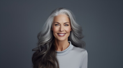 Naklejka premium beautiful aging mature woman with gray hair and happy smiling, isolated on studio background